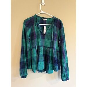 American Eagle Green Plaid Babydoll Top Long Sleeve Ruffle Neck Blouse Small NEW